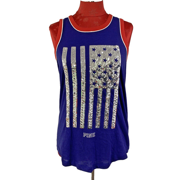 Victoria's Secret PINK XS Sequin American Flag Tank Top Shirt Navy Blue & Silver - Picture 1 of 7
